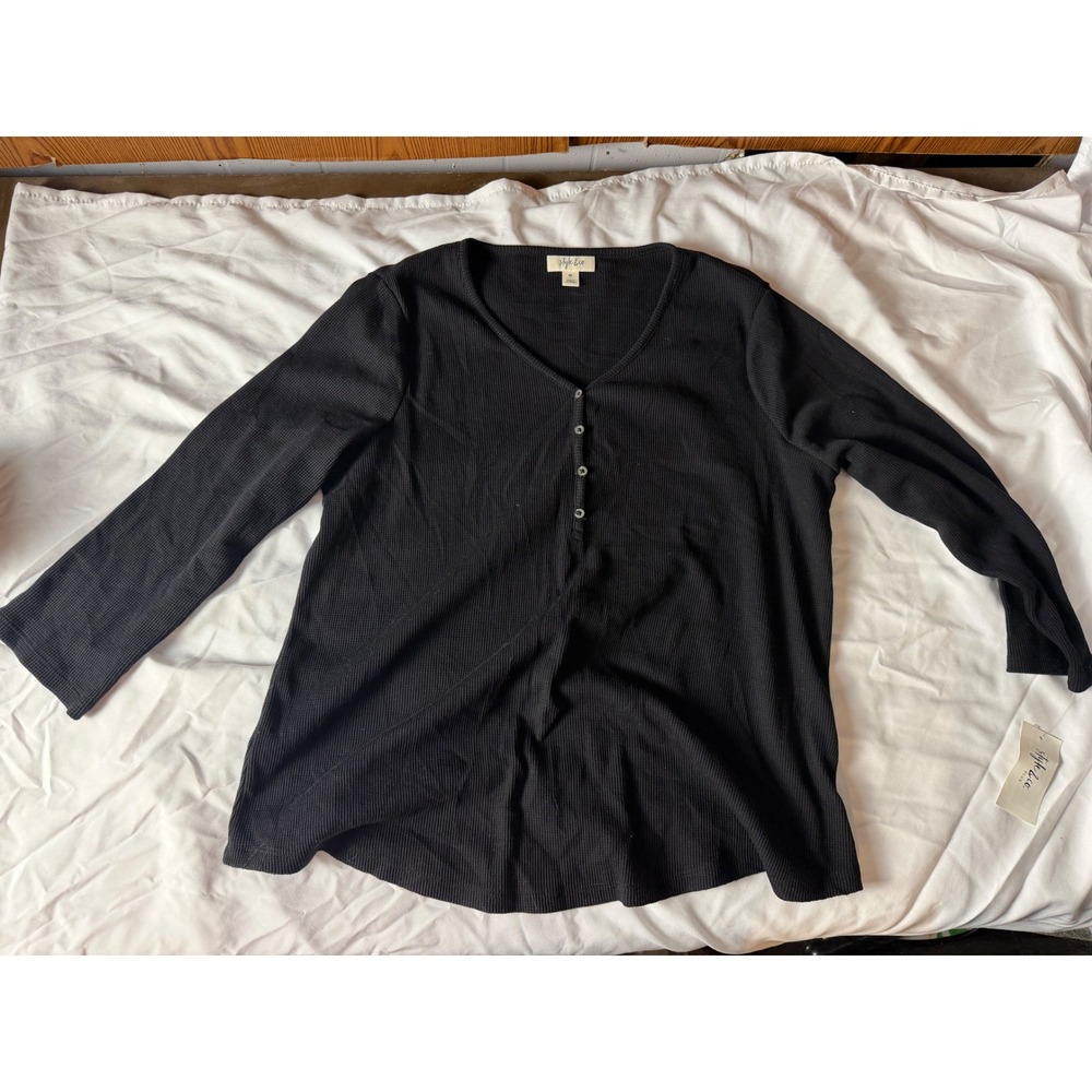Style & Co Womens 0X Deep Black Waffle Knit Henley Top 100122372WN Long Sleeve